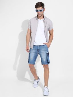 Campus Sutra - Men'S Blue Distressed Cargo Denim Shorts