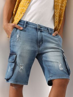 Campus Sutra - Men'S Blue Distressed Cargo Denim Shorts