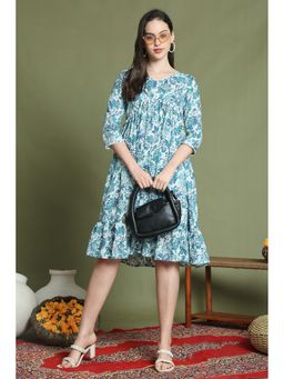 Rajnandini - Women Turquoise Cotton Knee Length Dress