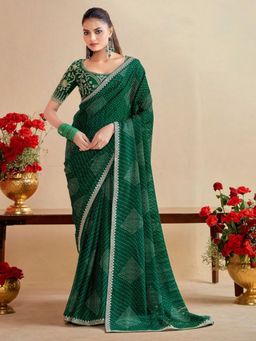 Odette - Women Green Chiffon Embroidered Saree with Unstitched Blouse