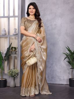 Odette - Women Beige Chiffon Embroidered Saree with Unstitched Blouse