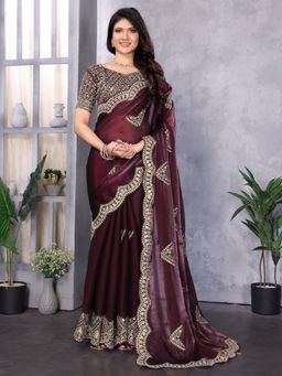 Odette - Women Maroon Chiffon Embroidered Saree with Unstitched Blouse