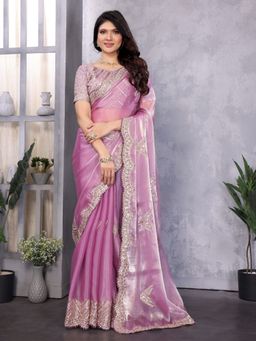 Odette - Women Lavender Chiffon Embroidered Saree with Unstitched Blouse