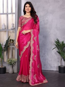 Odette - Women Pink Chiffon Embroidered Saree with Unstitched Blouse