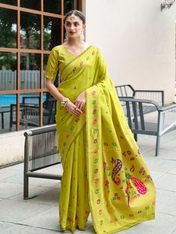 Odette - Women Green Silk Printed Saree with Unstitched Blouse