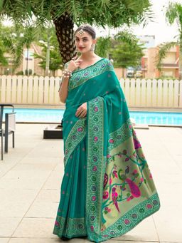Odette - Women Green Silk Geometric Saree with Unstitched Blouse