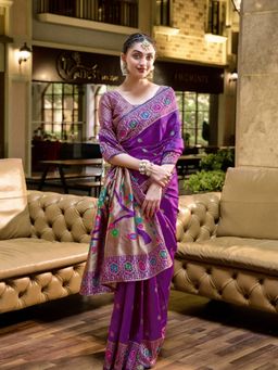 Odette - Women Purple Silk Geometric Saree with Unstitched Blouse