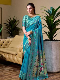 Odette - Women Blue Silk Geometric Saree with Unstitched Blouse