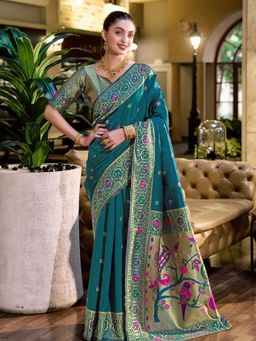 Odette - Women Blue Silk Geometric Saree with Unstitched Blouse