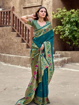 Odette - Women Teal Silk Woven Saree with Unstitched Blouse