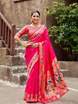 Odette - Women Magenta Silk Woven Saree with Unstitched Blouse