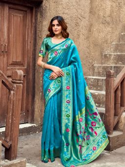 Odette - Women Blue Silk Woven Saree with Unstitched Blouse
