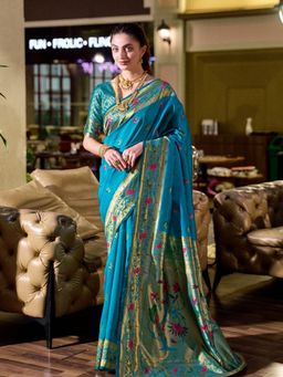 Odette - Women Blue Silk Woven Saree with Unstitched Blouse
