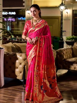 Odette - Women Magenta Silk Woven Saree with Unstitched Blouse