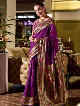 Odette - Women Purple Silk Woven Saree with Unstitched Blouse