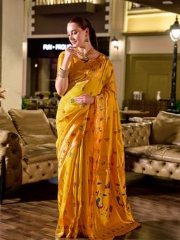 Odette - Women Yellow Silk Woven Saree with Unstitched Blouse