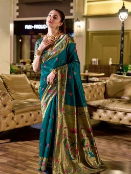 Odette - Women Blue Silk Woven Saree with Unstitched Blouse