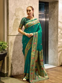 Odette - Women Green Silk Woven Saree with Unstitched Blouse