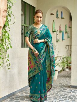Odette - Women Green Silk Animal Print Saree with Unstitched Blouse