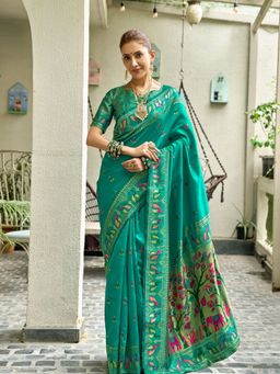 Odette - Women Green Silk Animal Print Saree with Unstitched Blouse