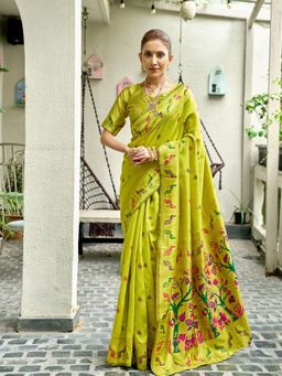 Odette - Women Green Silk Animal Print Saree with Unstitched Blouse