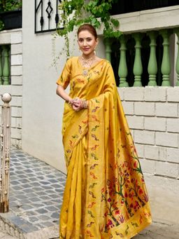 Odette - Women Yellow Silk Animal Print Saree with Unstitched Blouse