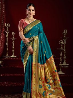 Odette - Women Teal Silk Woven Saree with Unstitched Blouse