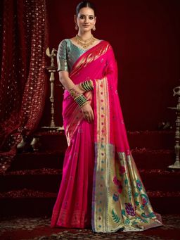 Odette - Women Magenta Silk Woven Saree with Unstitched Blouse