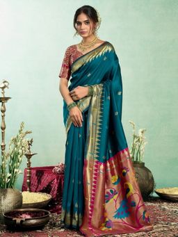 Odette - Women Teal Silk Woven Saree with Unstitched Blouse