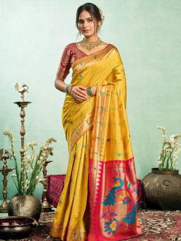 Odette - Women Yellow Silk Woven Saree with Unstitched Blouse