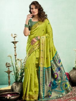 Odette - Women Green Silk Woven Saree with Unstitched Blouse