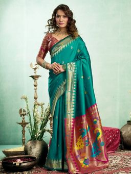 Odette - Women Green Silk Woven Saree with Unstitched Blouse