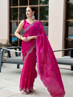 Odette - Women Magenta Chiffon Embroidered Saree with Unstitched Blouse