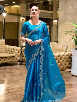 Odette - Women Blue Chiffon Embroidered Saree with Unstitched Blouse