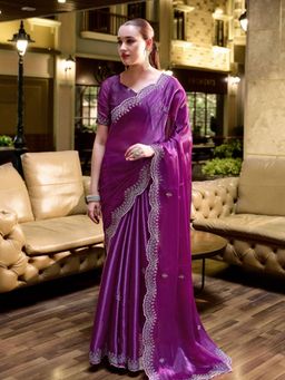 Odette - Women Purple Chiffon Embroidered Saree with Unstitched Blouse