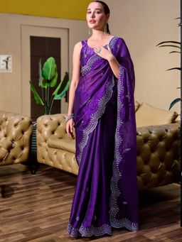 Odette - Women Purple Chiffon Embroidered Saree with Unstitched Blouse