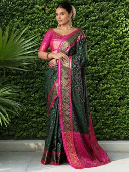 Odette - Women Green Silk Woven Saree with Unstitched Blouse