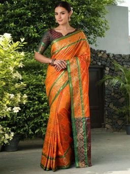 Odette - Women Orange Silk Woven Saree with Unstitched Blouse
