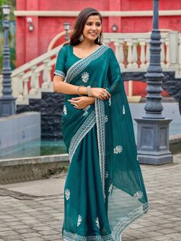 Odette - Women Green Chiffon Embroidered Saree with Unstitched Blouse