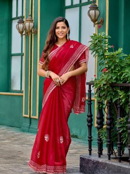 Odette - Women Red Chiffon Embroidered Saree with Unstitched Blouse