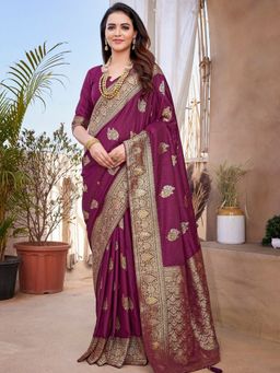 Odette - Women Wine Silk Woven Saree with Unstitched Blouse