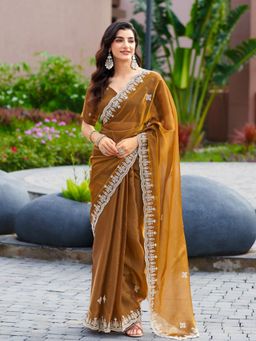 Odette - Women Brown Chiffon Embroidered Saree with Unstitched Blouse