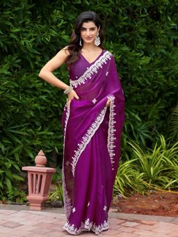 Odette - Women Wine Chiffon Embroidered Saree with Unstitched Blouse