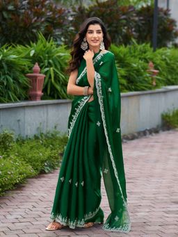 Odette - Women Green Chiffon Embroidered Saree with Unstitched Blouse