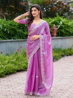 Odette - Women Pink Chiffon Embroidered Saree with Unstitched Blouse