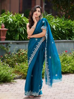 Odette - Women Blue Chiffon Embroidered Saree with Unstitched Blouse