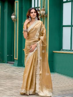 Odette - Women Beige Chiffon Embroidered Saree with Unstitched Blouse