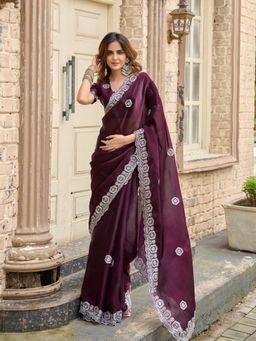 Odette - Women Maroon Chiffon Embroidered Saree with Unstitched Blouse