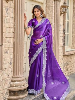 Odette - Women Purple Chiffon Embroidered Saree with Unstitched Blouse