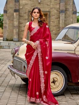 Odette - Women Red Chiffon Embroidered Saree with Unstitched Blouse